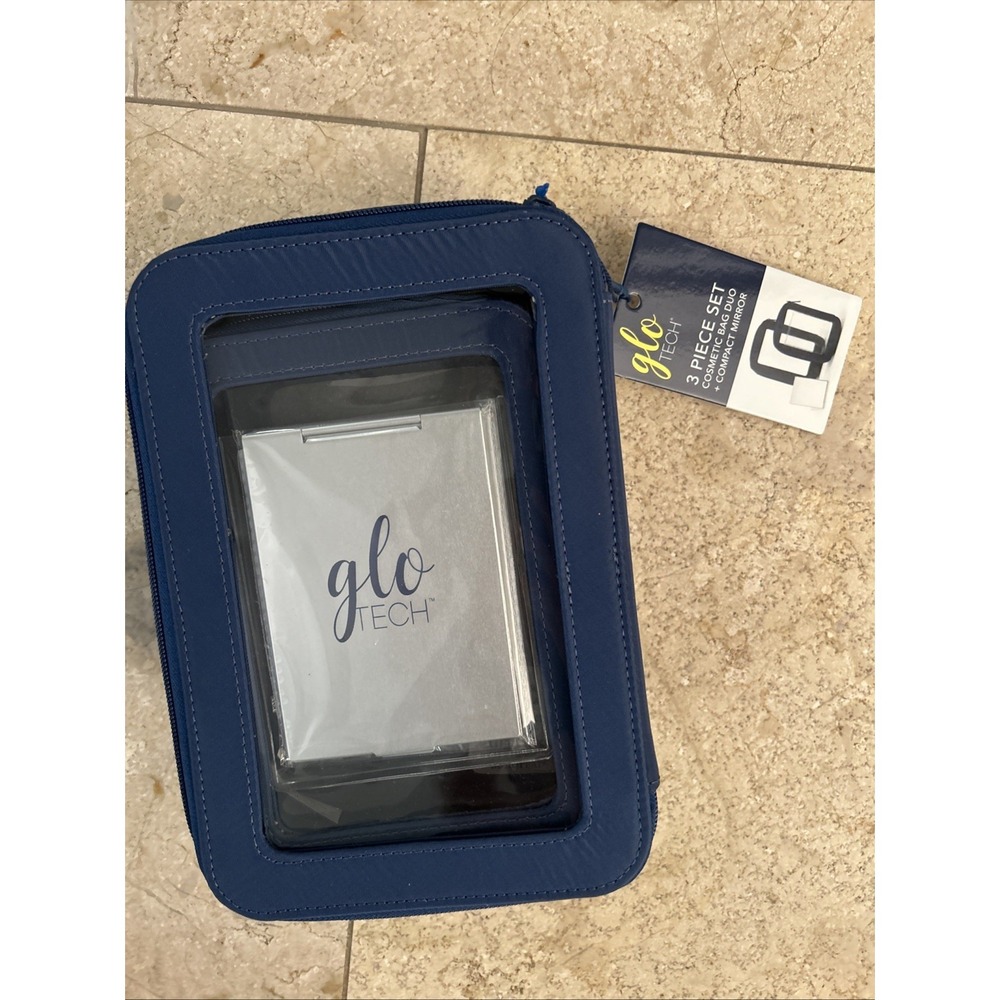 Glo‎ Tech 3 Piece Set Cosmetic Bag Duo Compact Mirror Travel Organizer Navy Blue